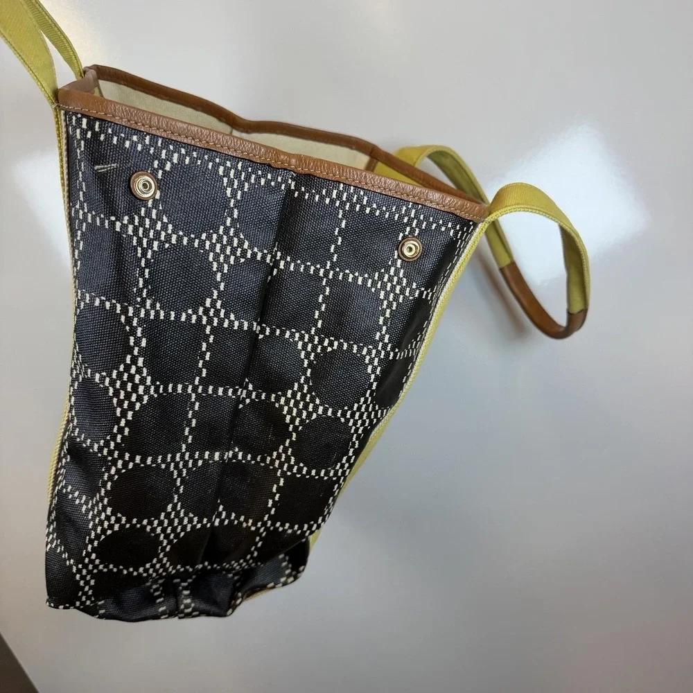 Kate Spade Tote Bag Medium Black Canvas Leather Yellow Straps Geometric
